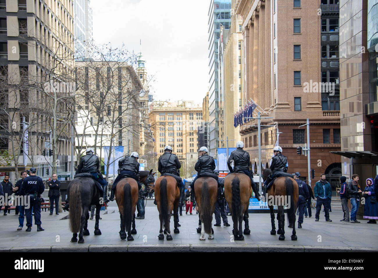 Sydney, Australia. 19 Luglio, 2015. Sommossa e ordine pubblico di squadre di polizia sono stati chiamati nel pieno vigore a anti-Islam e nazionalista e recuperare in Australia e nel Regno patrioti anteriore (UPF) rally questo fine settimana in città capitali in tutta l'Australia, scontrandosi con gruppi rivali sulla luglio 19, 2015. Credito: MediaServicesAP/Alamy Live News Foto Stock