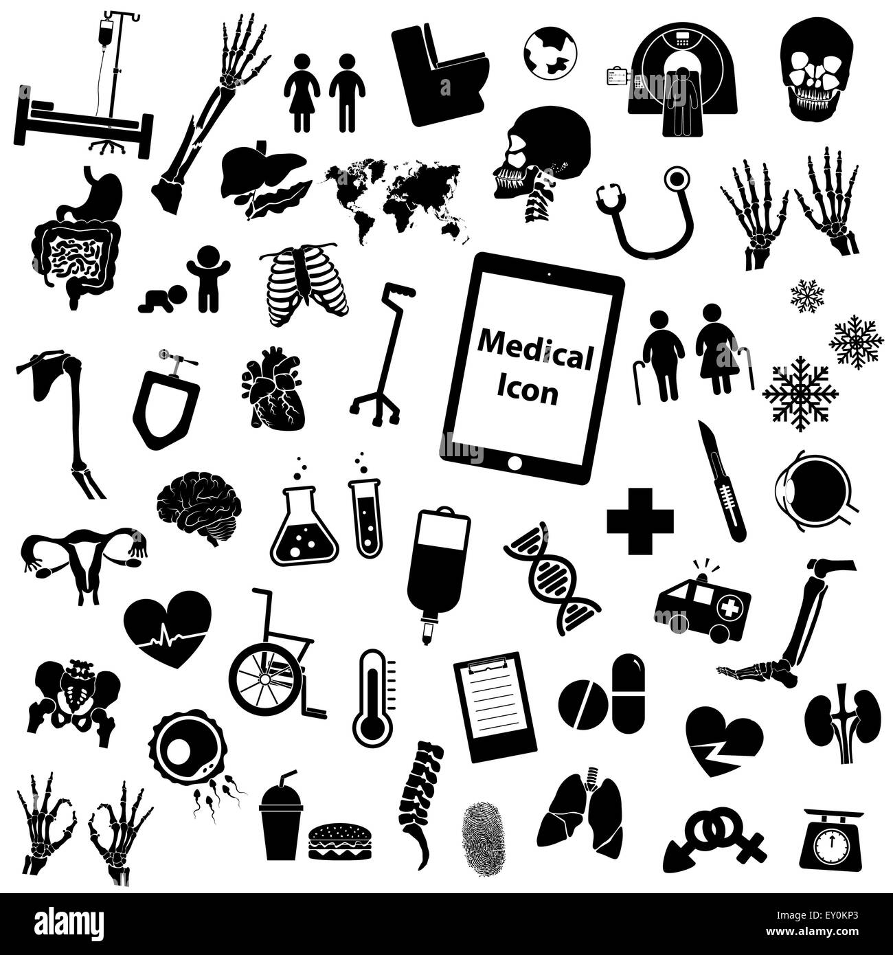 Imposta icona mediche ( gamba , mano , tubo di prova , torace , il farmaco , lo sperma , fluido iv , x ray , ct scan , cervello , cuore , rene , intesti Foto Stock