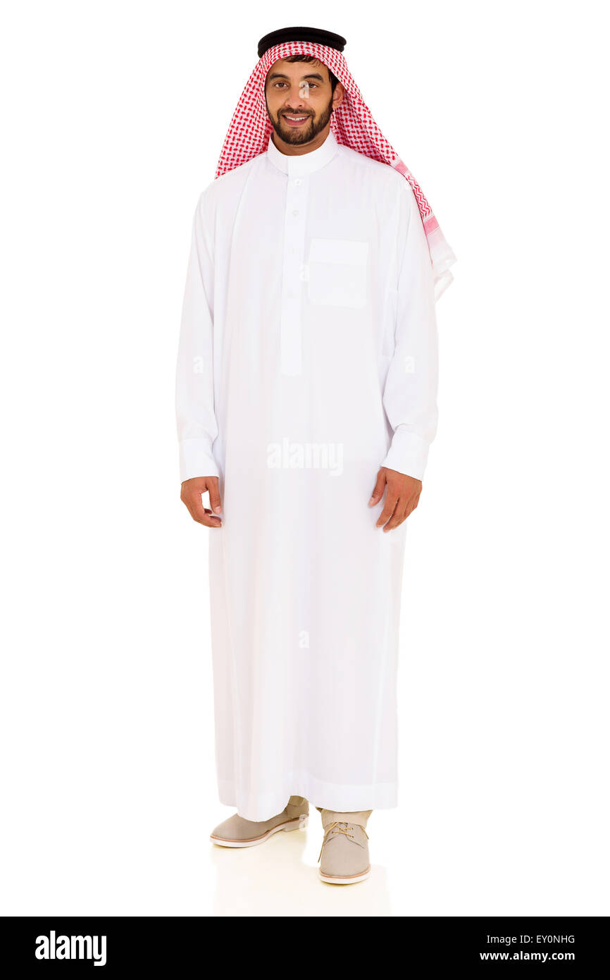 Sorridente giovane uomo arabo isolati su sfondo bianco Foto Stock