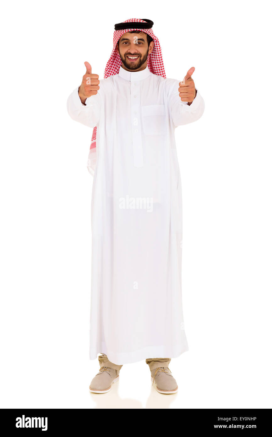 Buona ricerca Arabian uomo dando pollice in alto su sfondo bianco Foto Stock
