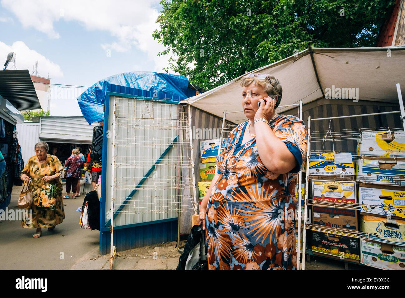 GOMEL, Bielorussia - Giugno 10, 2014: una donna non identificato parlando al telefono al mercato locale Foto Stock