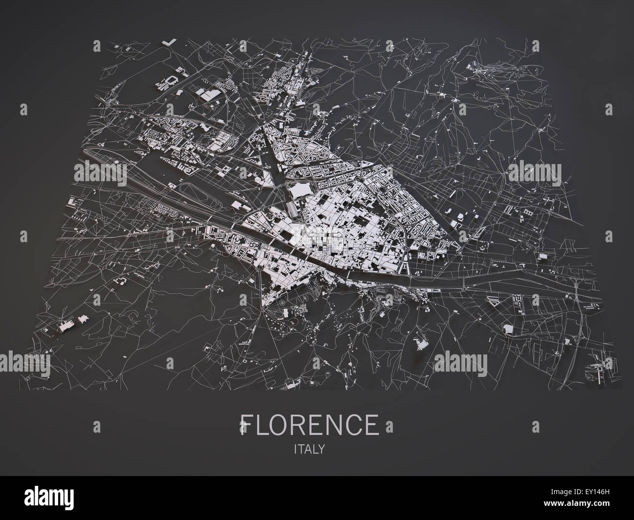 Firenze le strade e gli edifici mappa sul nero, Italia Foto Stock