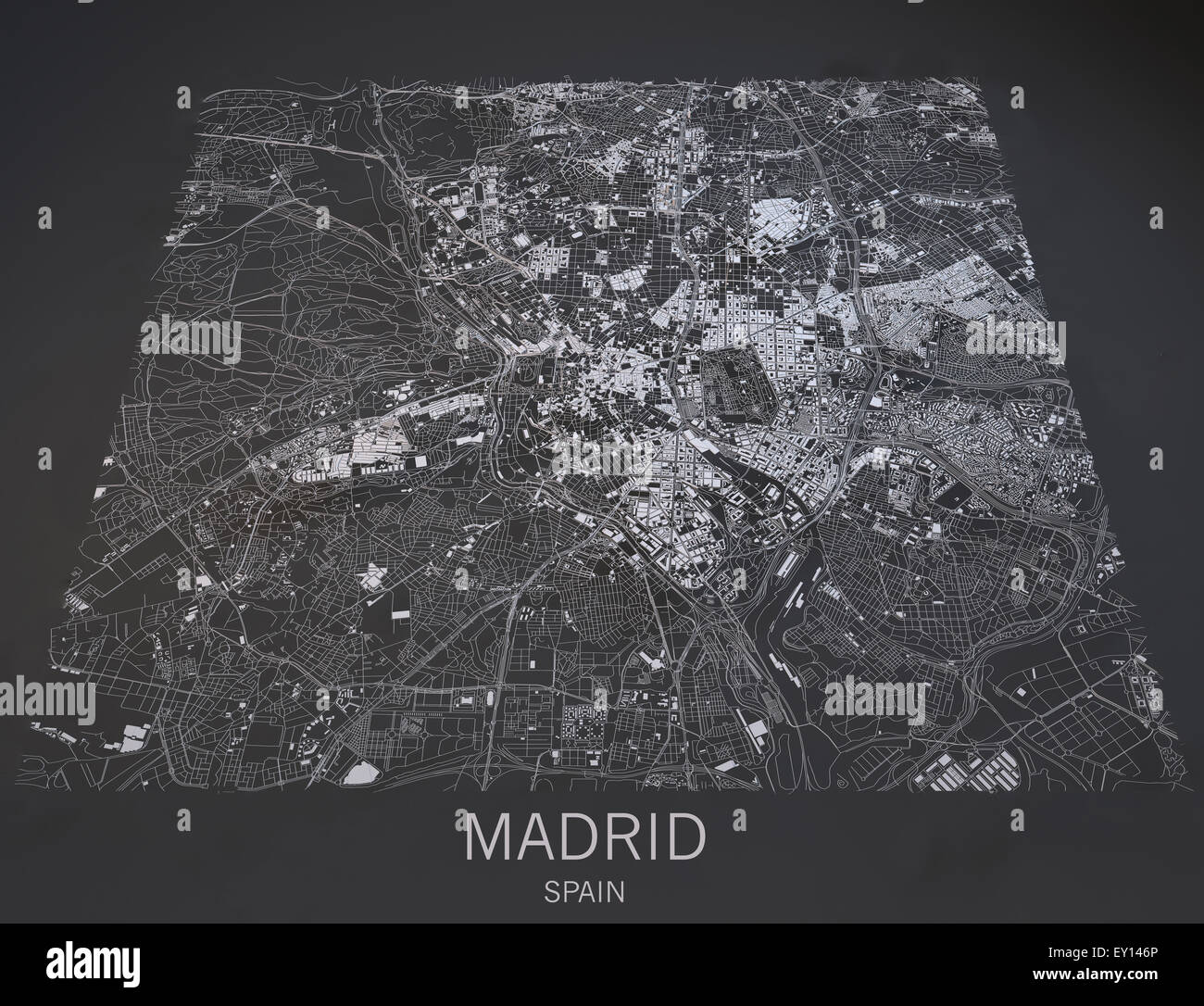 Madrid le strade e gli edifici mappa sul nero, Spagna Foto Stock