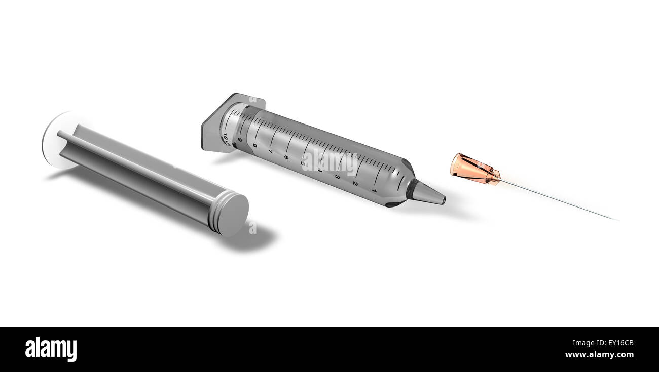 Siringa smontato su un pavimento bianco Foto Stock