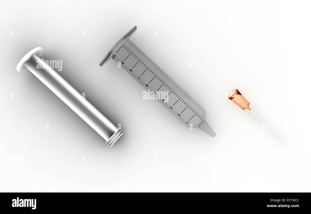 Siringa smontato su un pavimento bianco Foto Stock