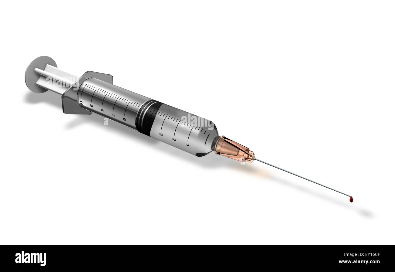 Siringa in appoggio su uno sfondo bianco con la goccia di sangue Foto Stock