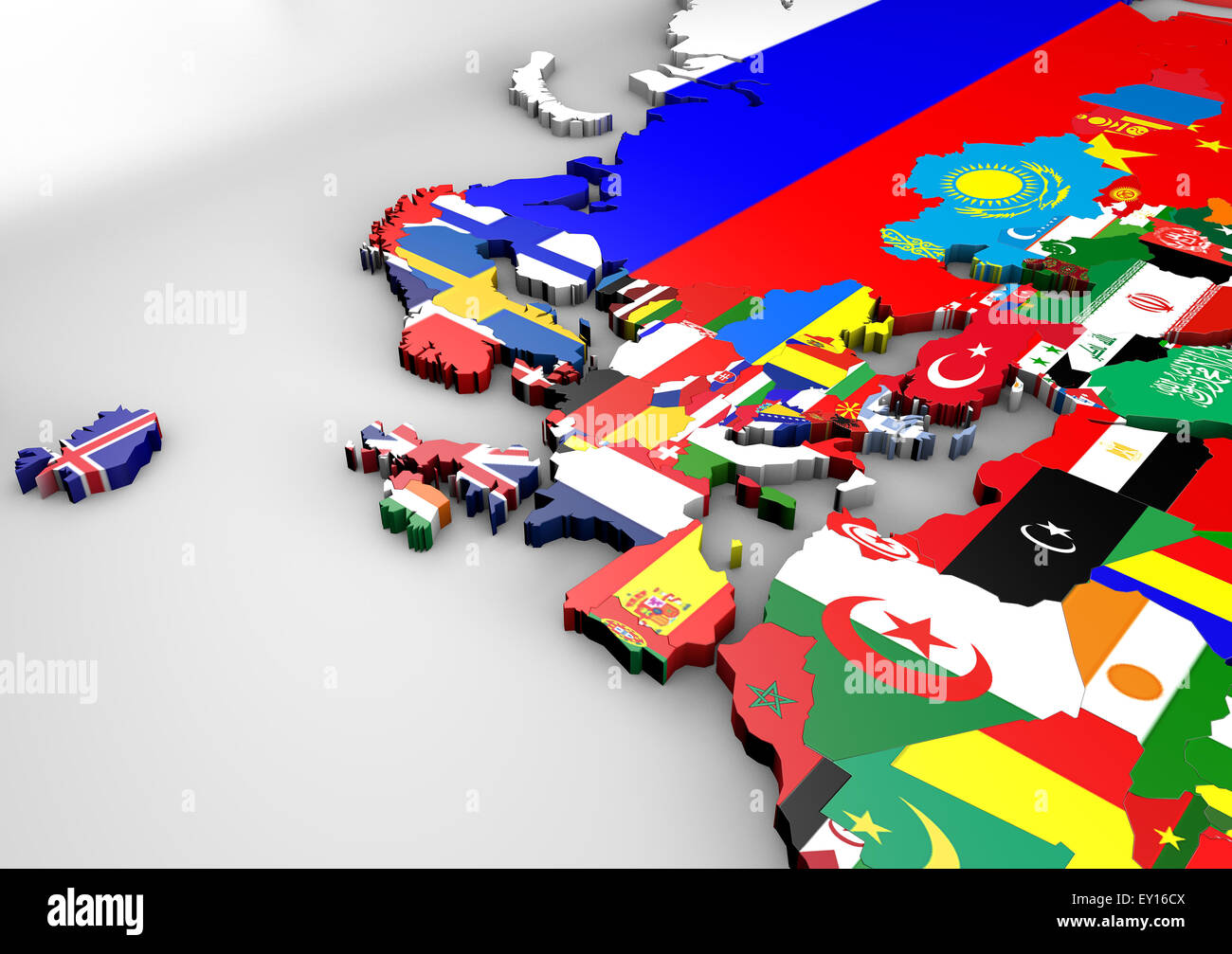 Mappa politico dell Europa con texture 3d bandiere, illustrazione Foto Stock