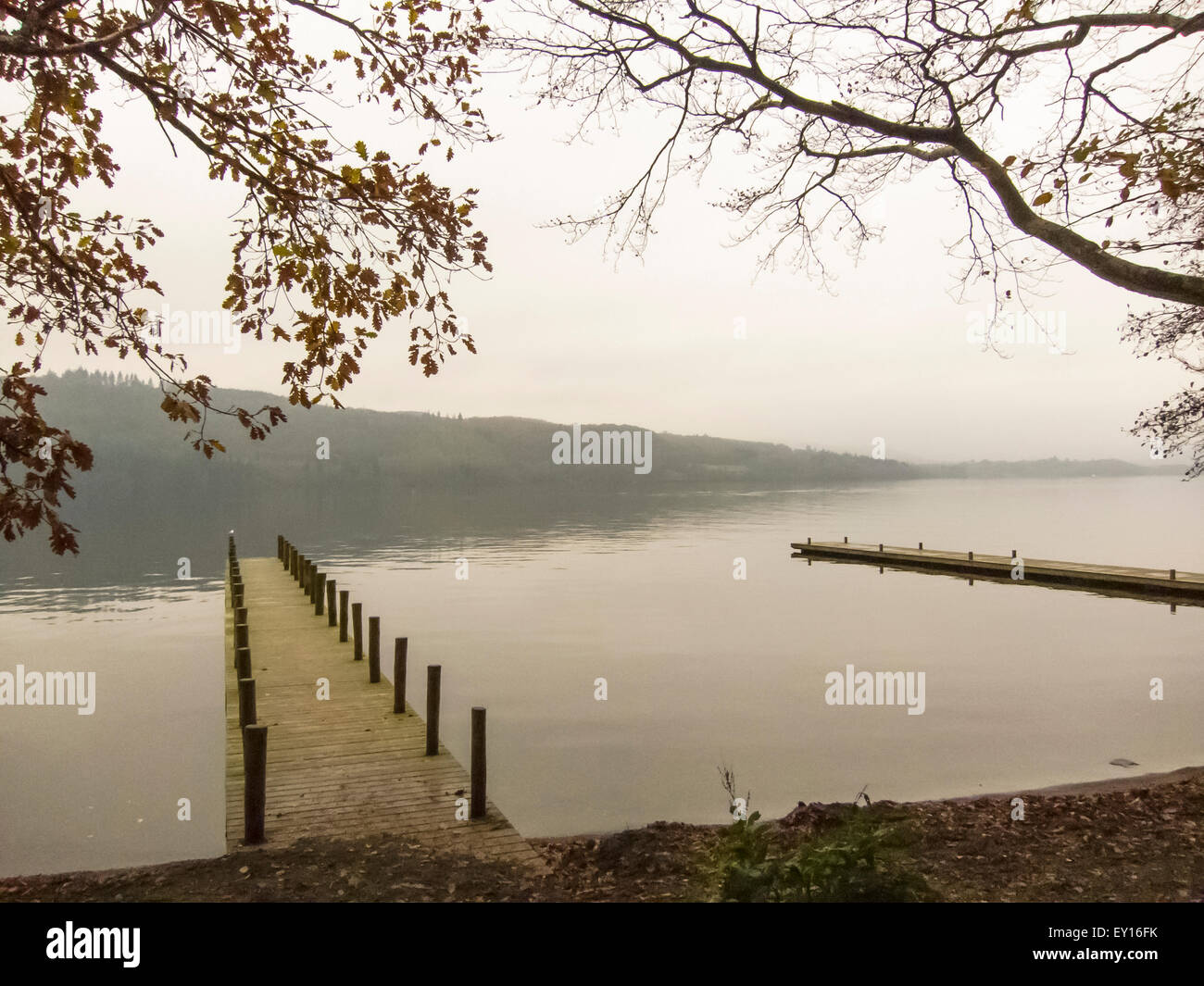 Pontili in legno di raggiungere nel lago di Windermere, la regione dei laghi Cumbria Regno Unito Foto Stock