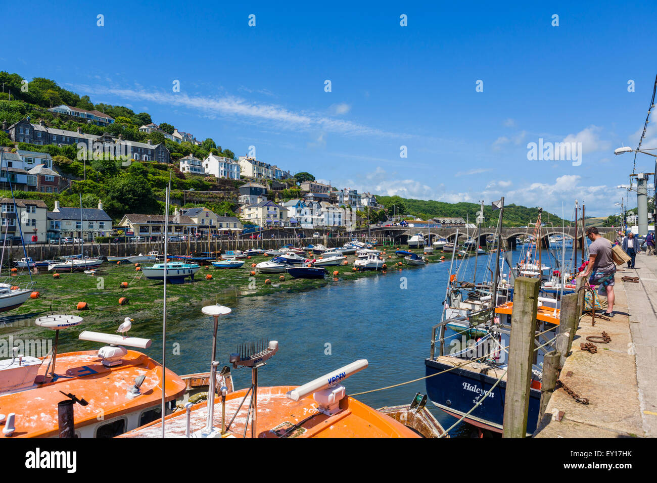 Vista del West Looe oltre l'est fiume Looe da East Looe, Cornwall, England, Regno Unito Foto Stock