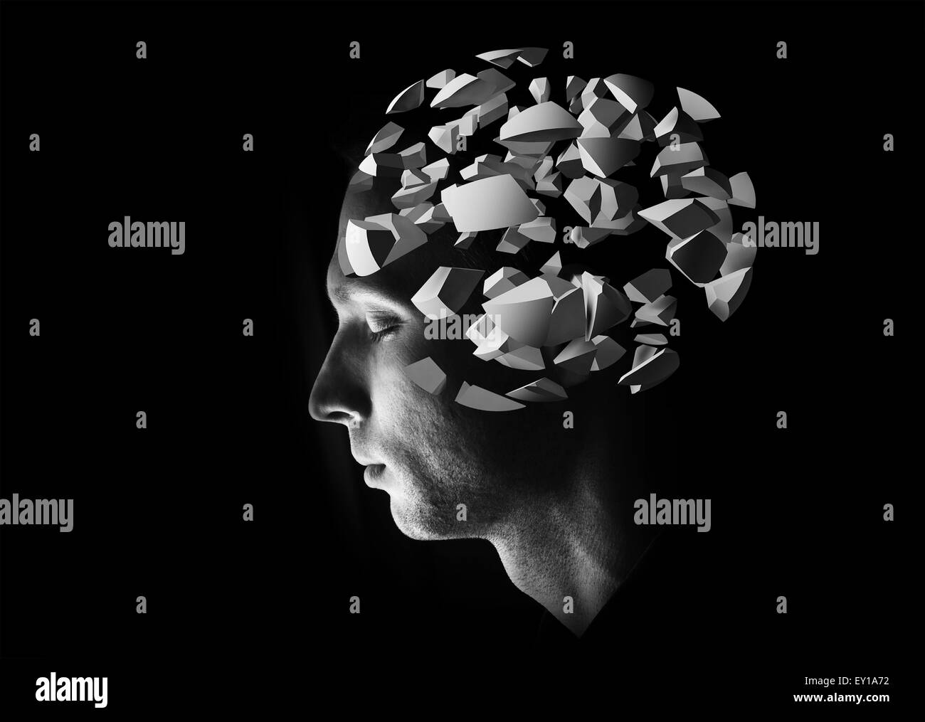 Testa maschio profilo con 3d'esplosione frammenti di cervello su sfondo nero Foto Stock