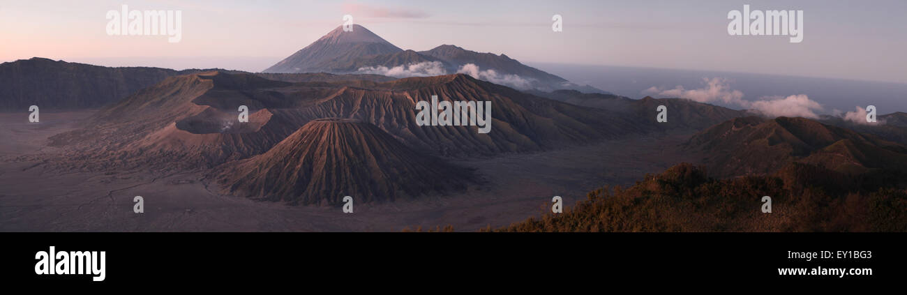 Alba sul Monte Bromo (2329 m) e del Tengger Caldera in Java Orientale, Indonesia. Panorama dal Monte Penanjakan (2.770 m.). Mo Foto Stock