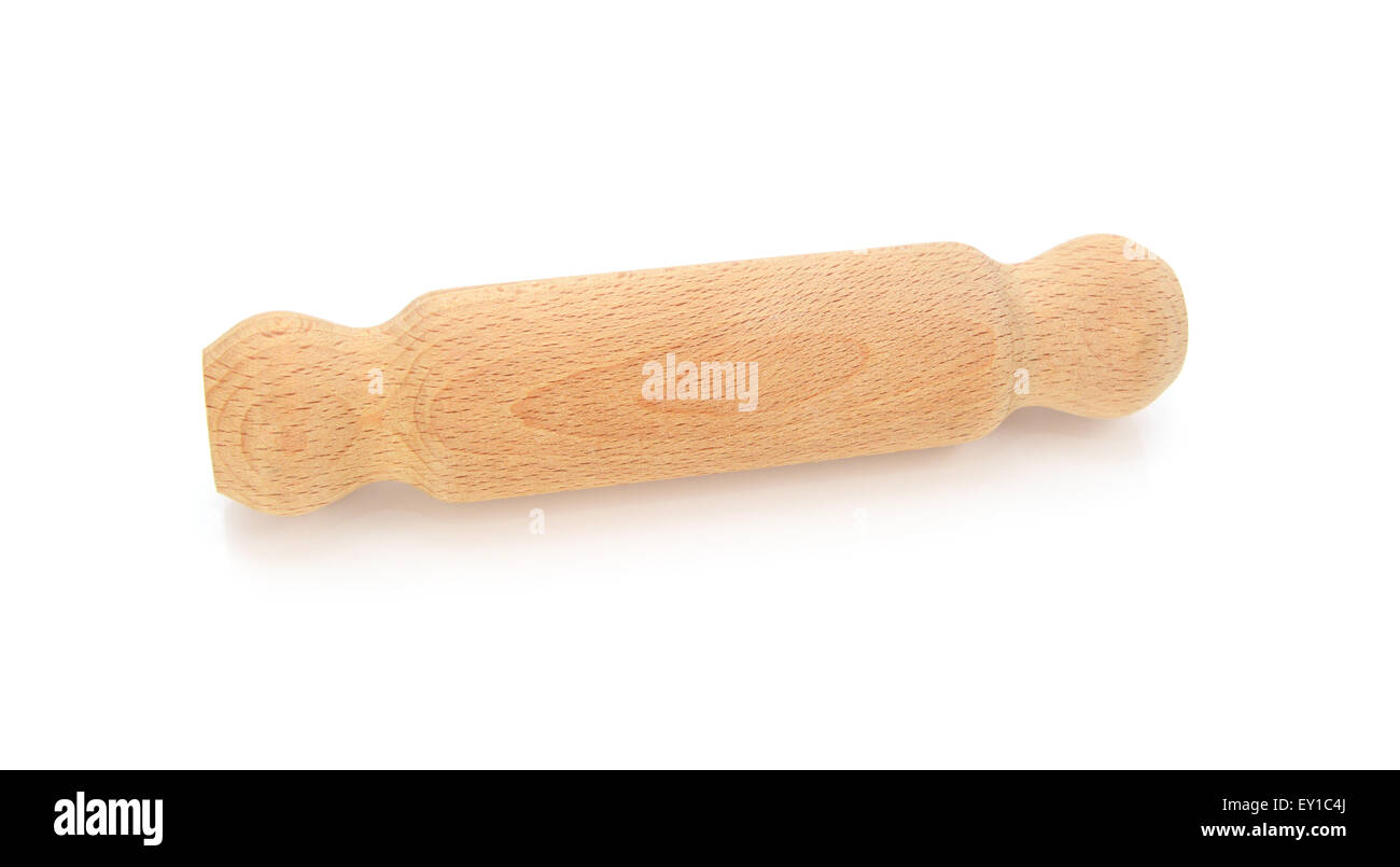 Piccole casette di legno mattarello, isolato su sfondo bianco Foto Stock