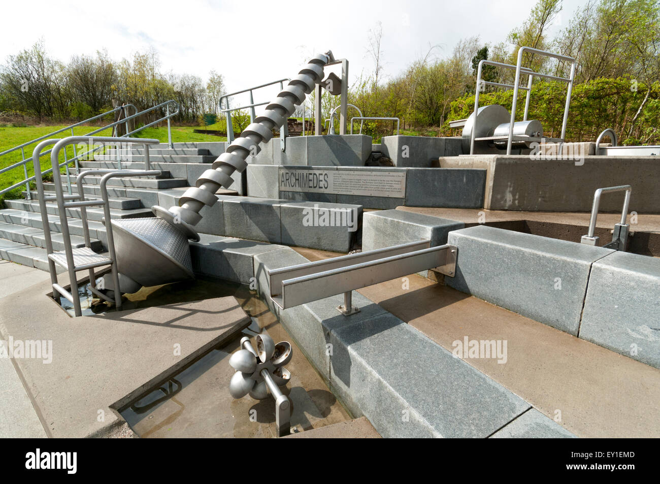Vite di Archimede e altre caratteristiche del gioco d'Acqua Park area a Falkirk Wheel Falkirk, Scotland, Regno Unito Foto Stock