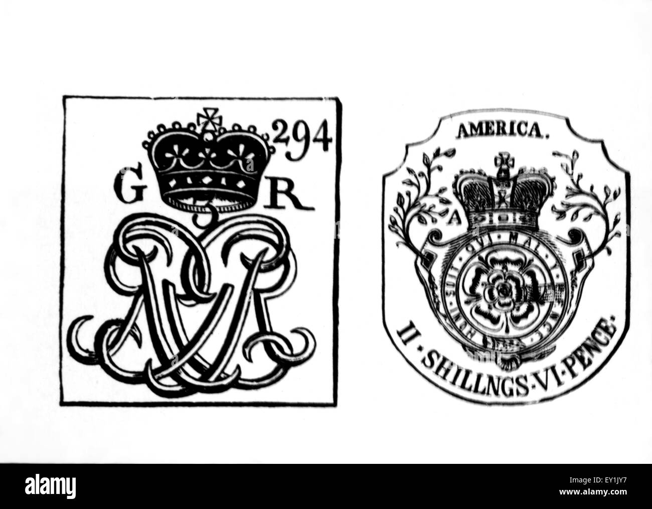 Due fascette fiscali per le colonie americane, Timbro Tax Act del 1765, illustrazione Foto Stock