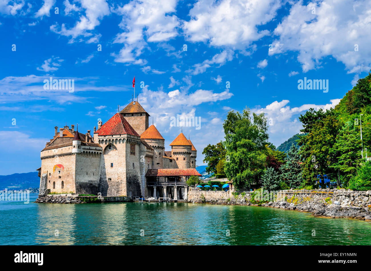 La Svizzera. Il Castello di Chillon uno del Castello più visitato in Swiss attira al Lago di Ginevra. Foto Stock