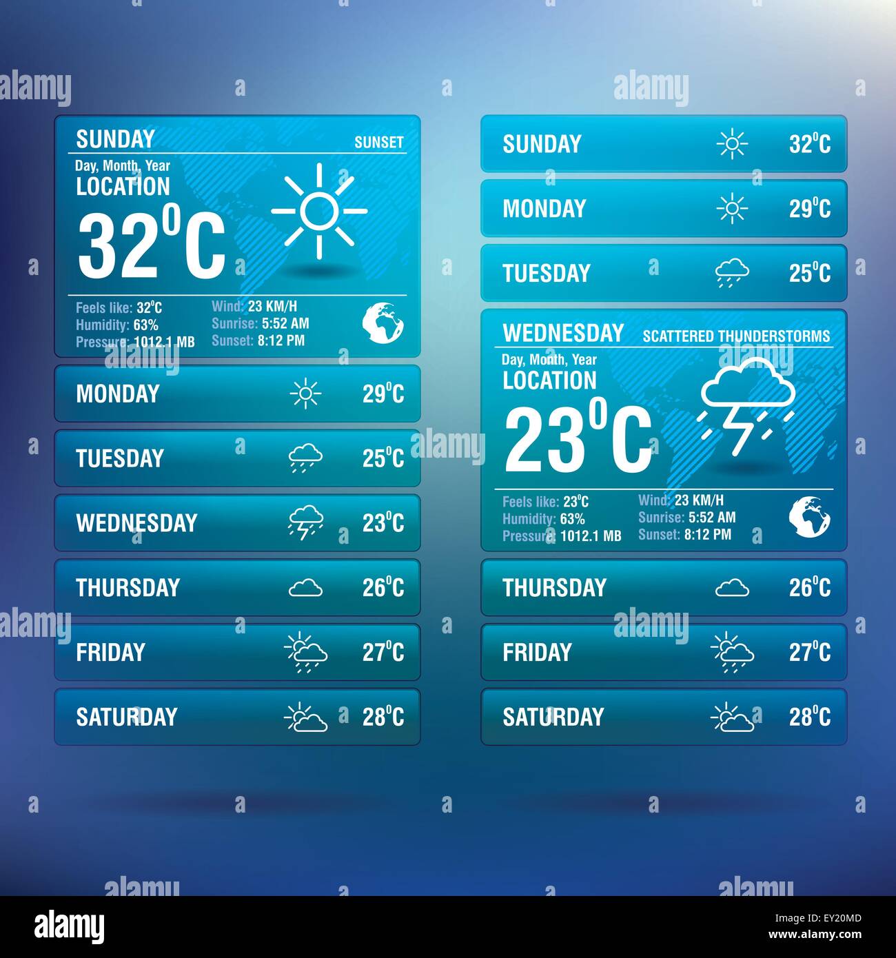 Meteo widget app per mobile - illustrazione vettoriale Illustrazione Vettoriale