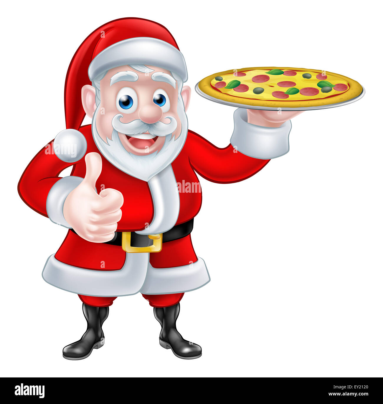 Cartoon Santa Claus tenendo un pizza e dare un pollice in alto Foto Stock