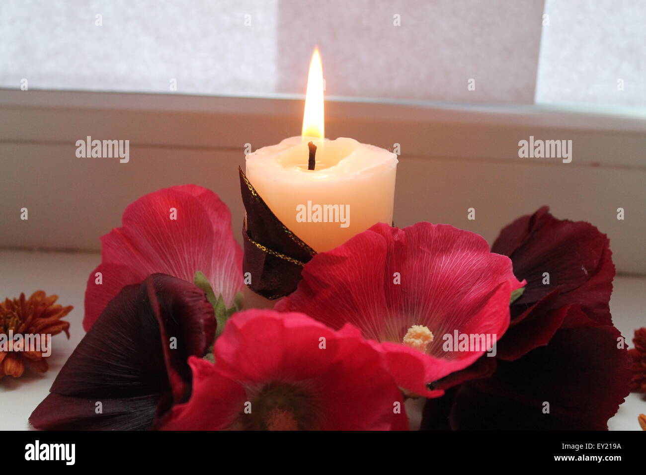 Masterizzazione di un bianco luminoso candela in bouquet di aroma di rosa e viola malva bloom Foto Stock