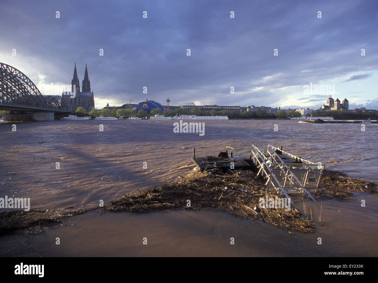 DEU, Germania, Colonia, esondazioni del fiume Reno nel novembre 1998, la vista del ponte di Hohenzollern, la cattedrale e la chiesa Foto Stock