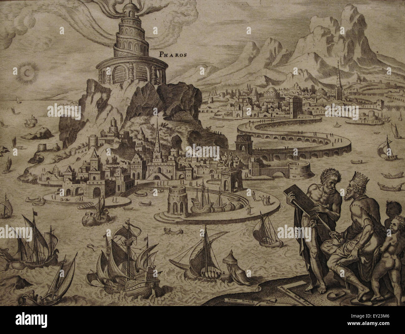 Sette Meraviglie del Mondo Antico. Faro di Alessandria. Incisione di Philip Galle (1537-1612) dopo Martin van Heemskerck (1498-1574). Il XVI secolo. Il Museo d'Arte Nelson-Atkins. Kansas City. Stati Uniti. Foto Stock