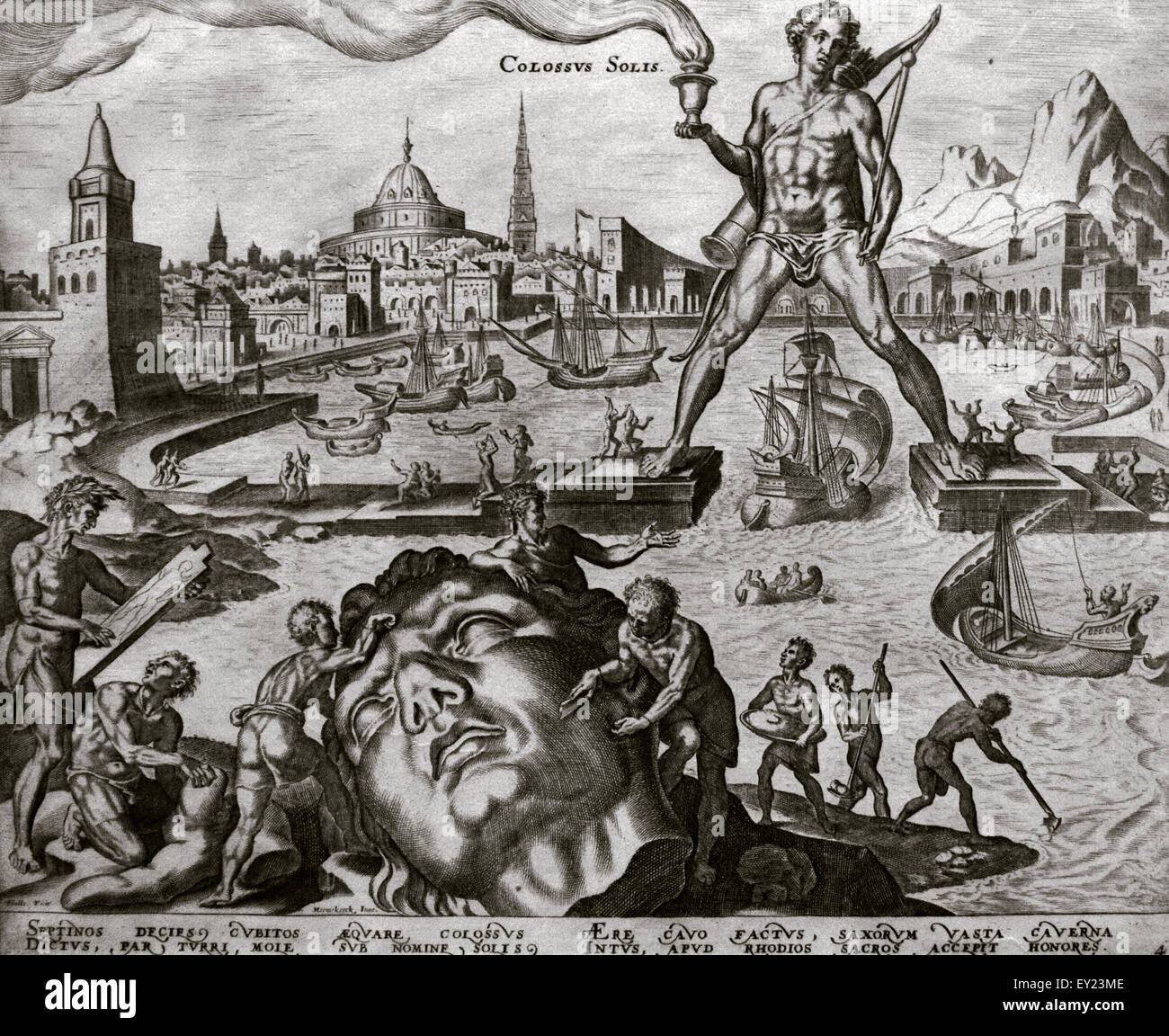 Sette Meraviglie del Mondo Antico. Il Colosso di Rodi. Incisione di Philip Galle (1537-1612) dopo Martin van Heemskerck (1498-1574). Il XVI secolo. Il Museo d'Arte Nelson-Atkins. Kansas City. Stati Uniti. Foto Stock