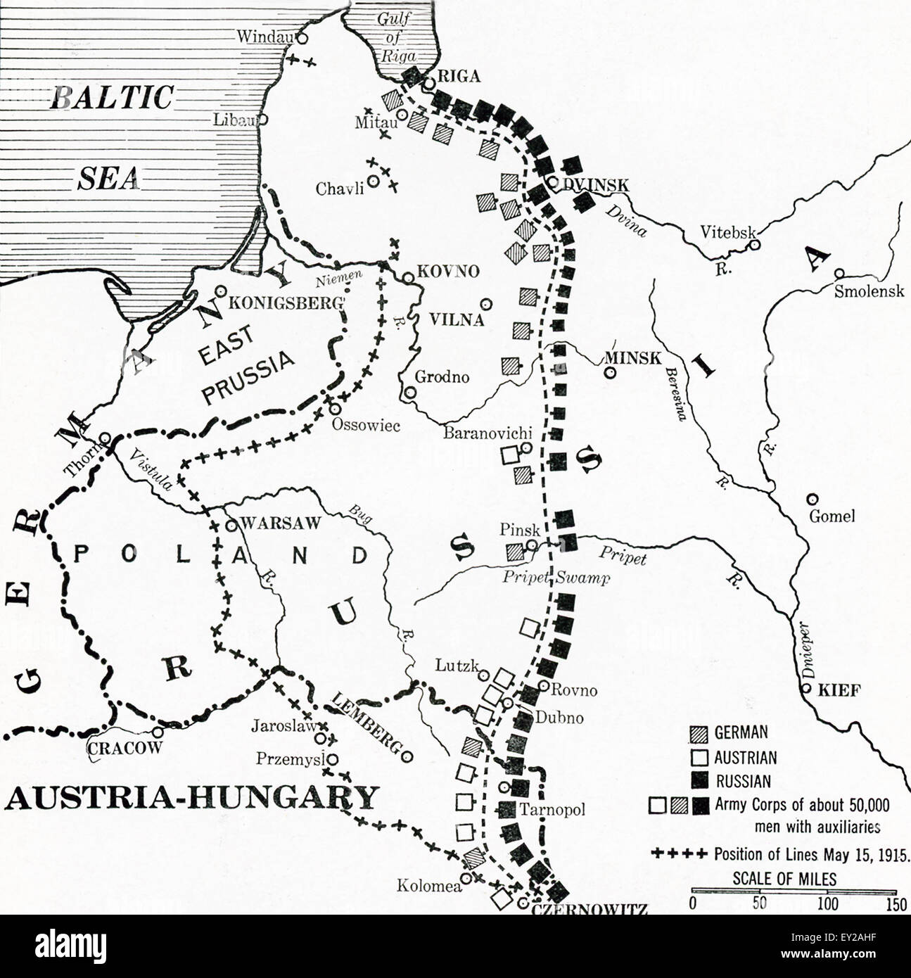 Questa mappa mostra il fronte orientale all'inizio dell'estate 1916. Il periodo di tempo è guerra mondiale I. I militari linee mostrate come tedesco, austriaco e Russo. Foto Stock