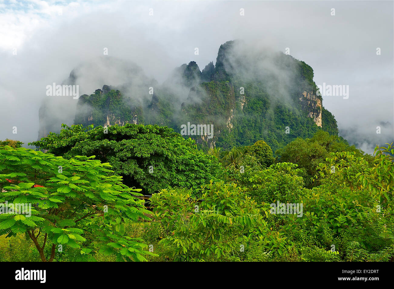 Nuvole basse appeso su un paesaggio di giungla calcaree e carsiche sul Nam Song river, vicino a Vang Vieng, Laos Foto Stock