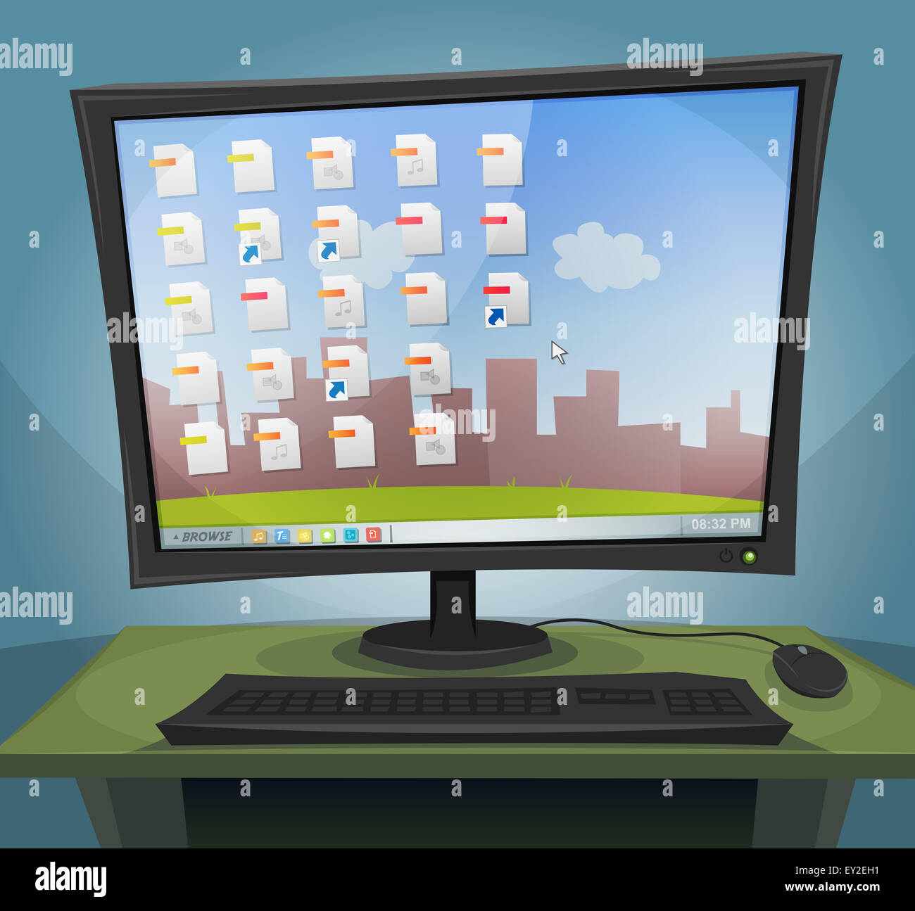 Illustrazione di un cartone animato sul computer desktop durante la notte, con schermo acceso, all'interno dei file icone, cartelle e paesaggio di sfondo Foto Stock