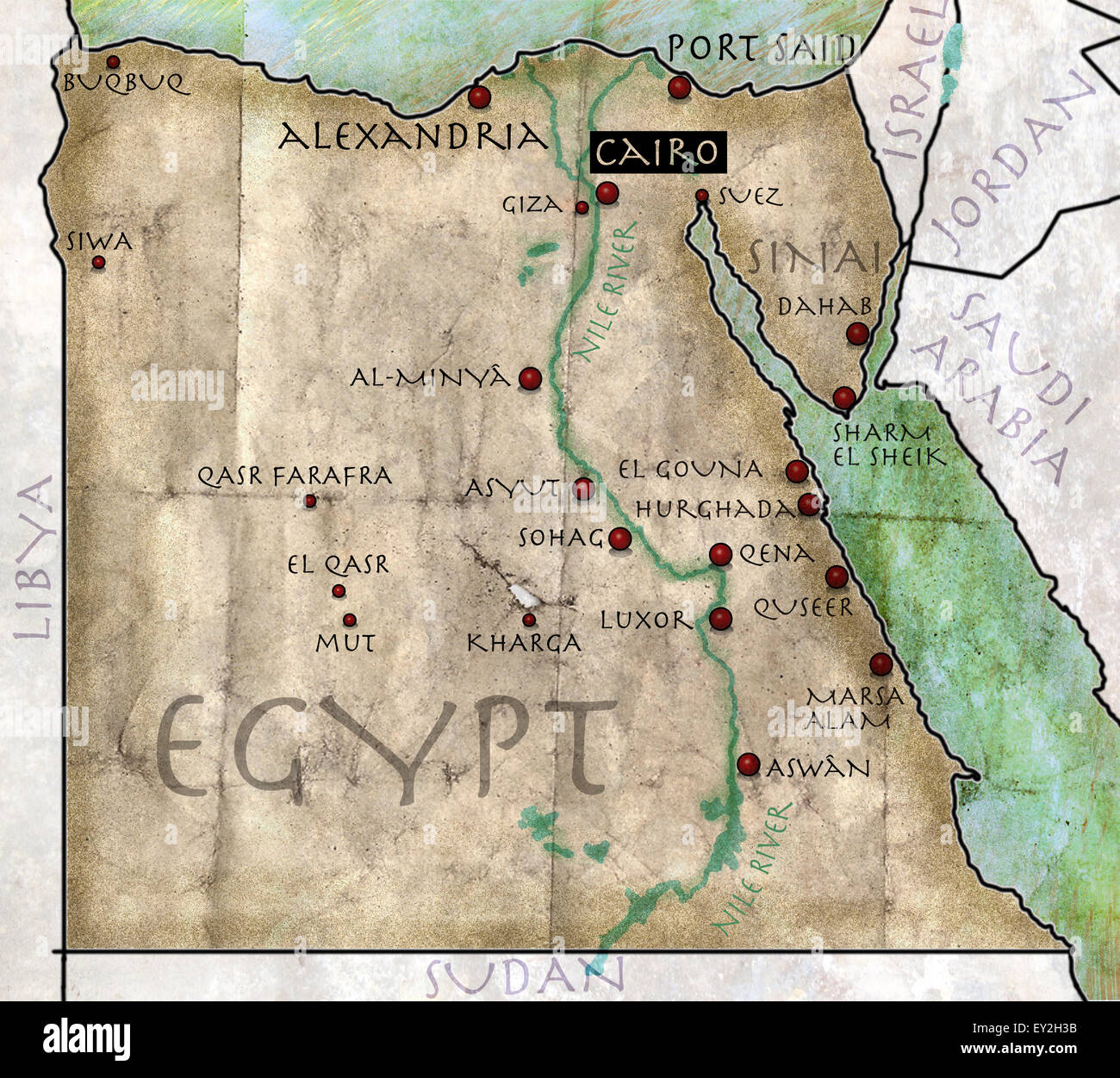 Mappa di Egitto, effetto antico, pergamena, effetto papiro Foto Stock