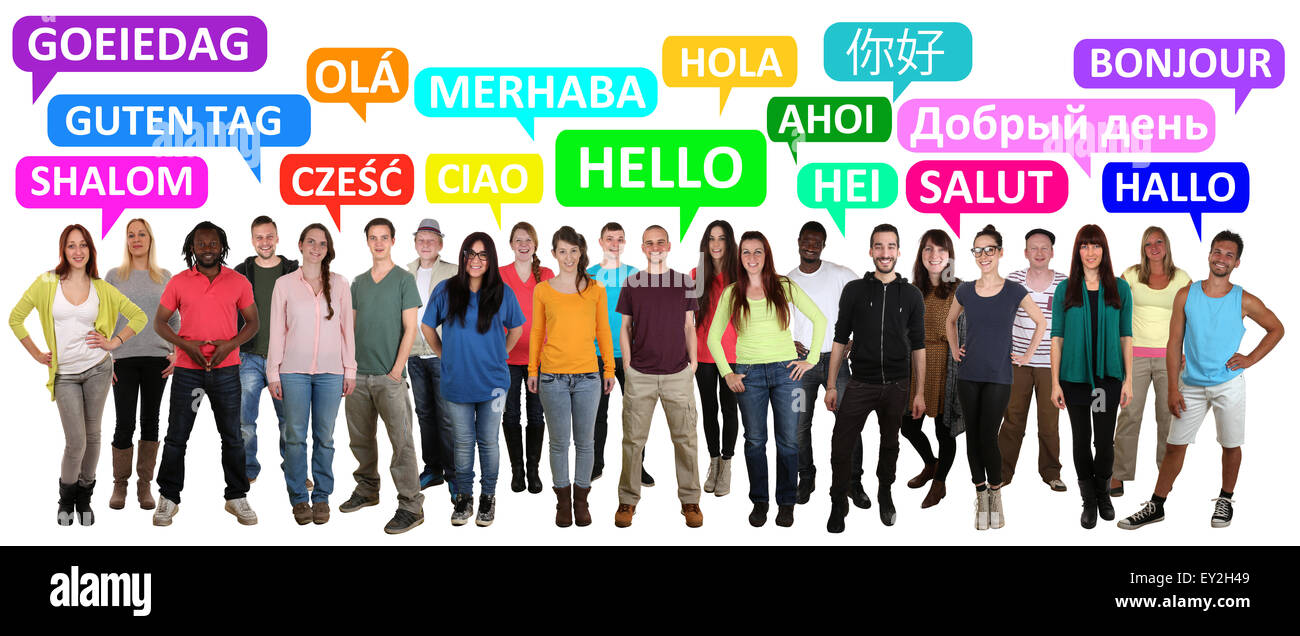 Multi gruppo etnico di sorridere i giovani dire ciao in diverse lingue Foto Stock