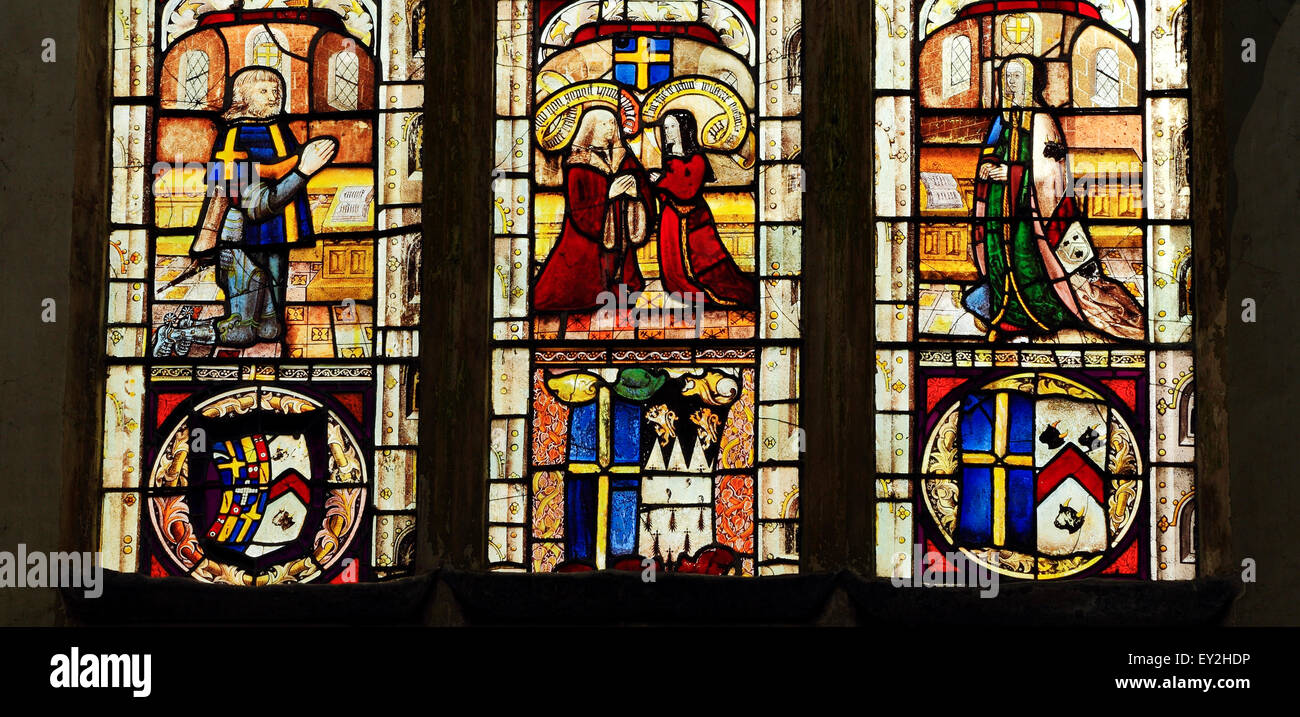 Shelton Famiglia, finestra orientale, del XVI secolo in vetro colorato, Sir John e Lady Anne Shelton, precedentemente noto come Anne Boleyn, Shelton, Norfolk Foto Stock