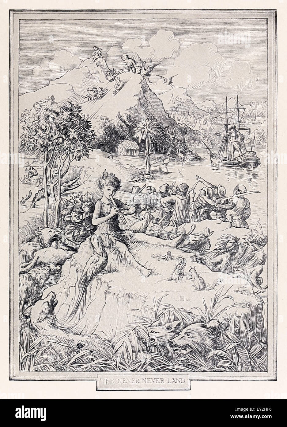 'L'Mai terra' da 'Peter & Wendy' J.M. Barrie (1860-1937), illustrazione di F.D. Bedford (1864-1954). Vedere la descrizione per maggiori informazioni. Foto Stock