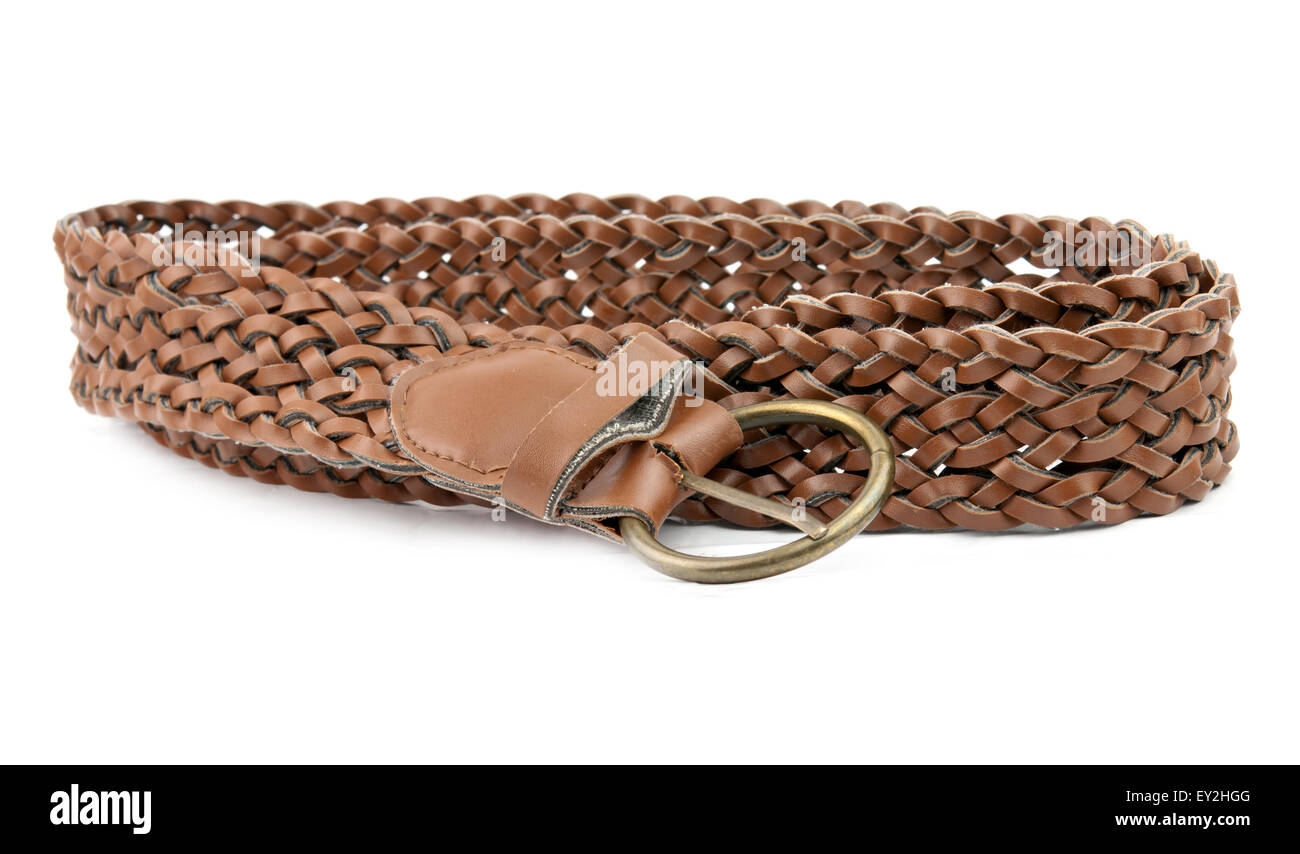 Brown cintura in cuoio con fibbia isolato su bianco Foto Stock