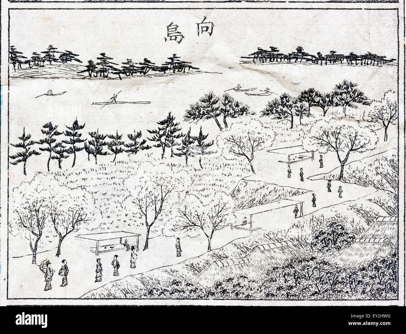 Giappone, periodo Meiji 1882, Mappa di Tokyo. Linea di margine di disegno del pannello del Mukojima Hyakkaen giardino, uno storico giardino fiorito in Sumida. Foto Stock