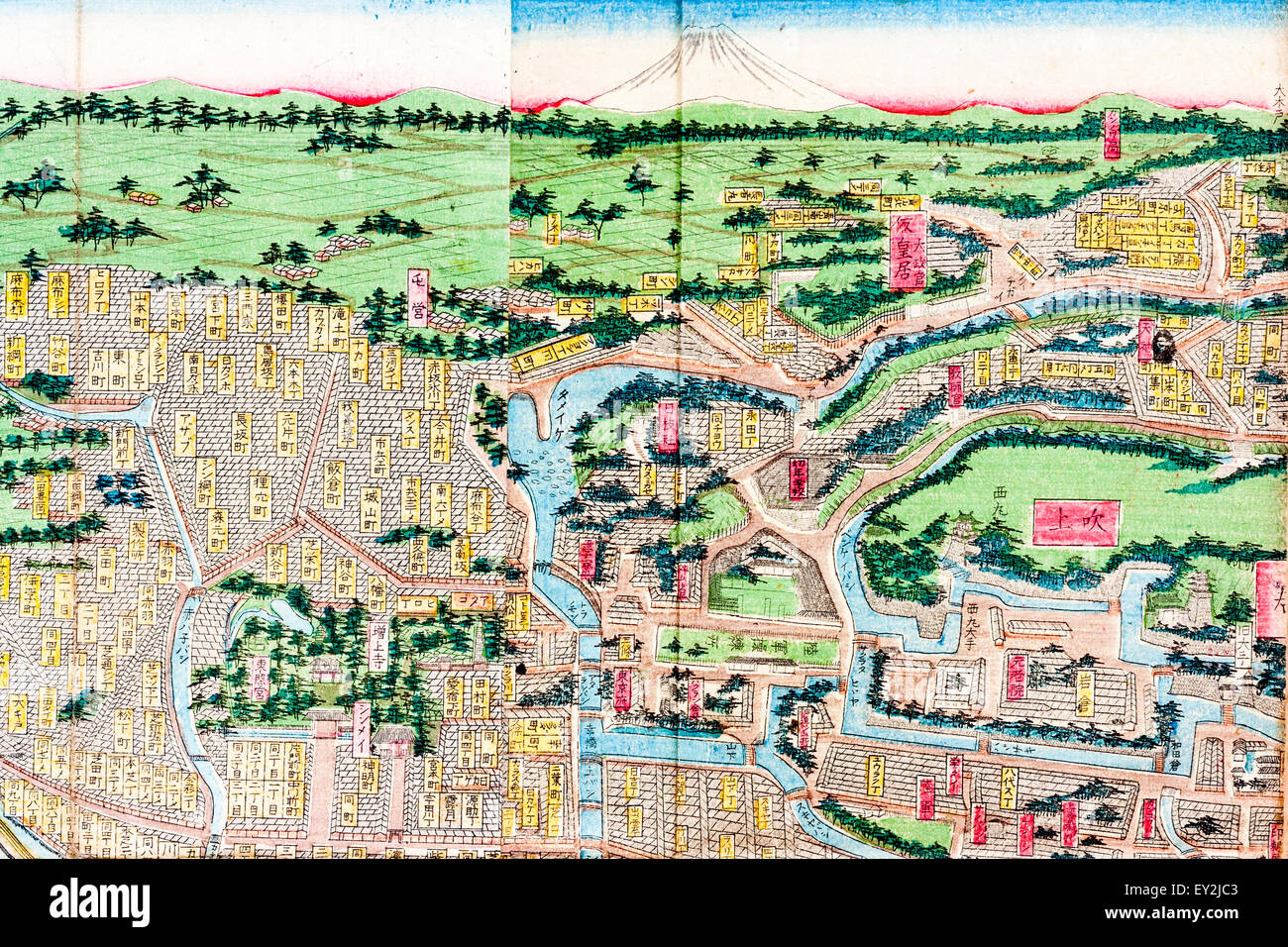 1882 stilizzato colore topografica Mappa di Tokyo, Edo, che mostra una parte della città e il Palazzo Imerial, con alberi, le vie navigabili e il Monte Fuji nella parte superiore. Foto Stock
