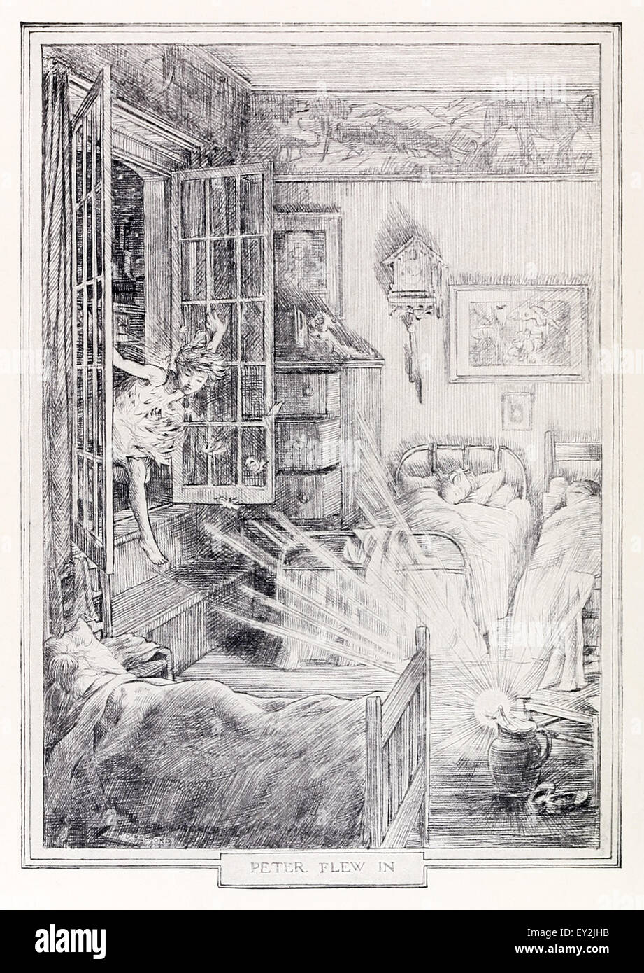 "Pietro volò nell' da 'Peter & Wendy' J.M. Barrie (1860-1937), illustrazione di F.D. Bedford (1864-1954). Vedere la descrizione per maggiori informazioni. Foto Stock