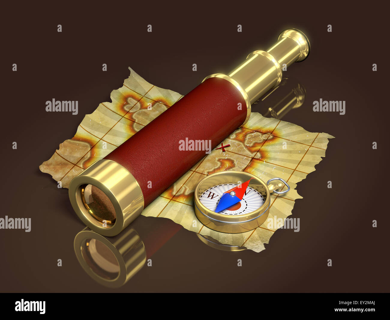 Bussola, il cannocchiale e mappa vecchia, 3d illustrazione Foto Stock