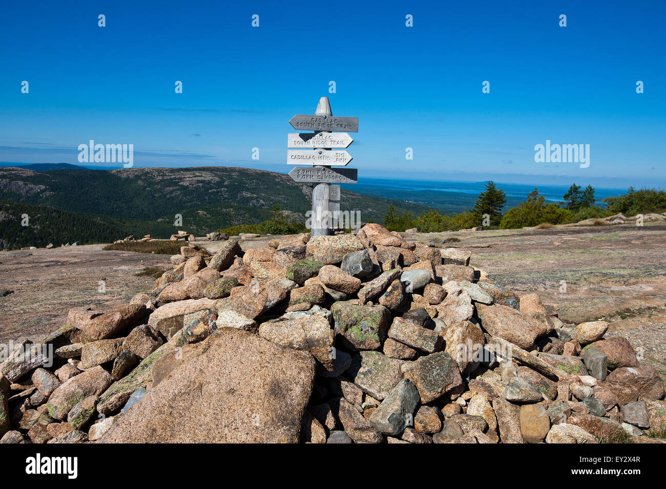 Ridge Trail segno direzionale di Cadillac Mountain, Parco Nazionale di Acadia, Maine, Stati Uniti d'America Foto Stock