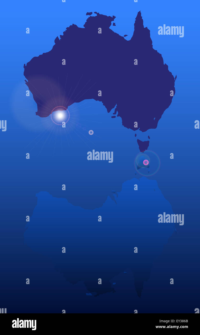 Silhouette mappa di Australia con la riflessione su blu Foto Stock