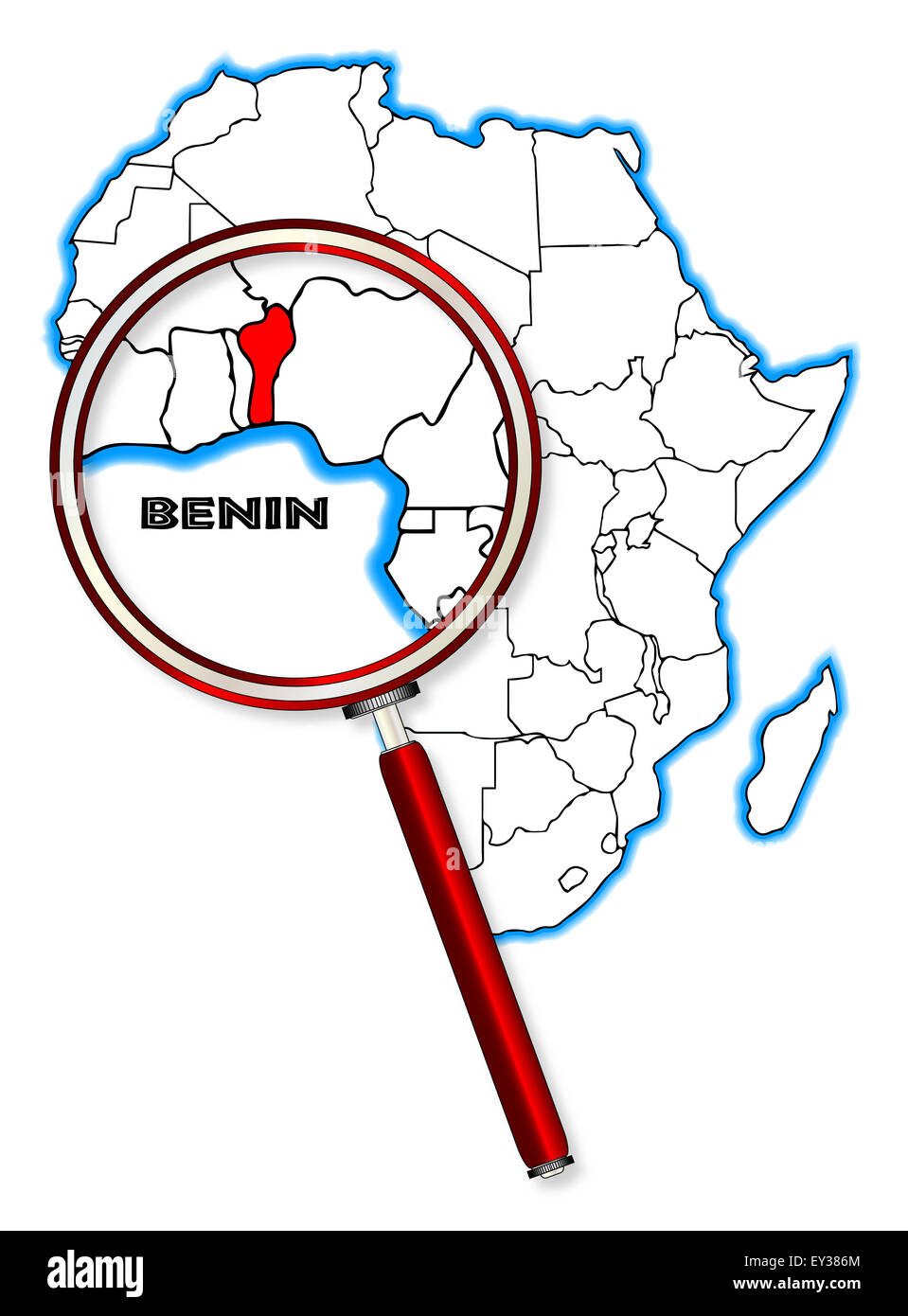 Benin delineare inset in una mappa di Africa su uno sfondo bianco Foto Stock