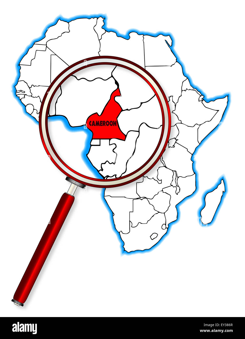 Camerun delineare inset in una mappa di Africa su uno sfondo bianco Foto Stock
