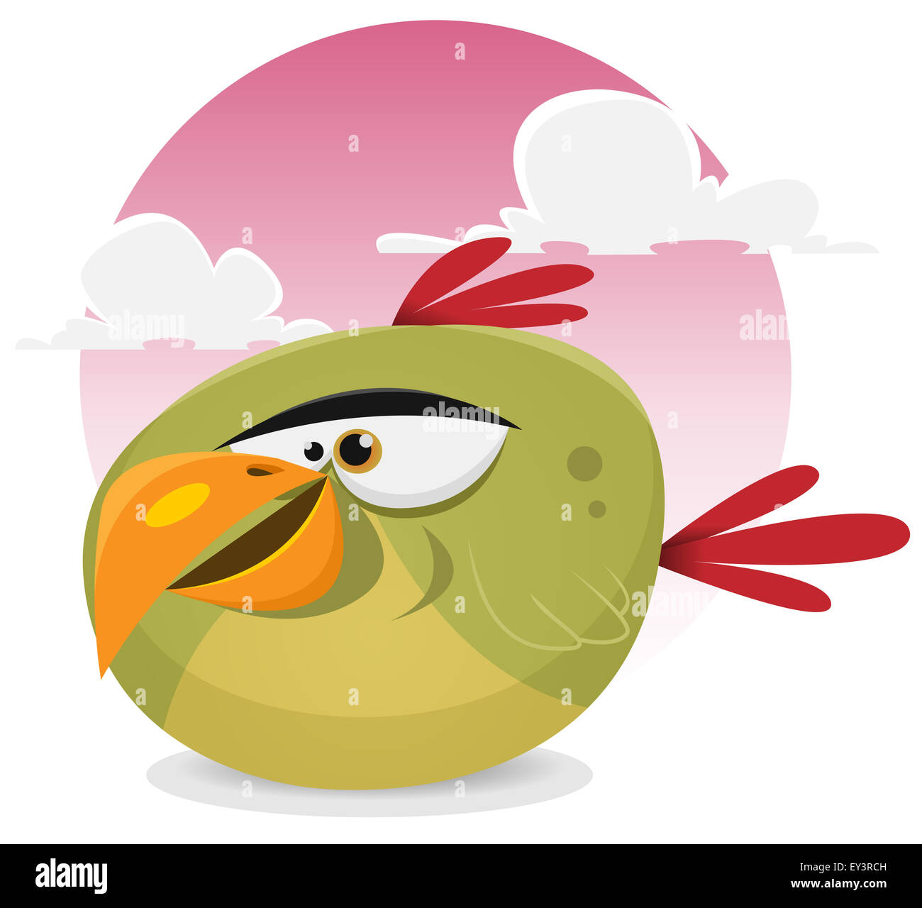 Illustrazione di un divertente piccolo cartoon pappagallo tropicale uccello sorridente di caratteri su una rosa di sfondo del cielo Foto Stock