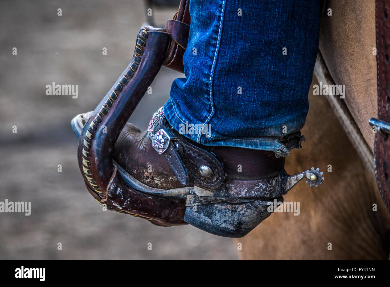 Cowboy Boot con sperone a cavallo Foto Stock