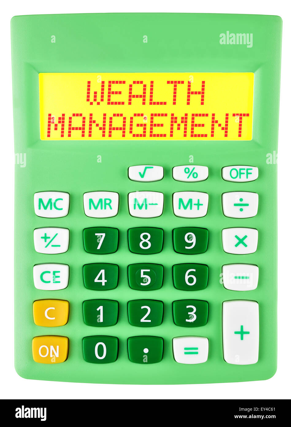 Calcolatrice con WEALTH MANAGEMENT sul display isolati su sfondo bianco Foto Stock