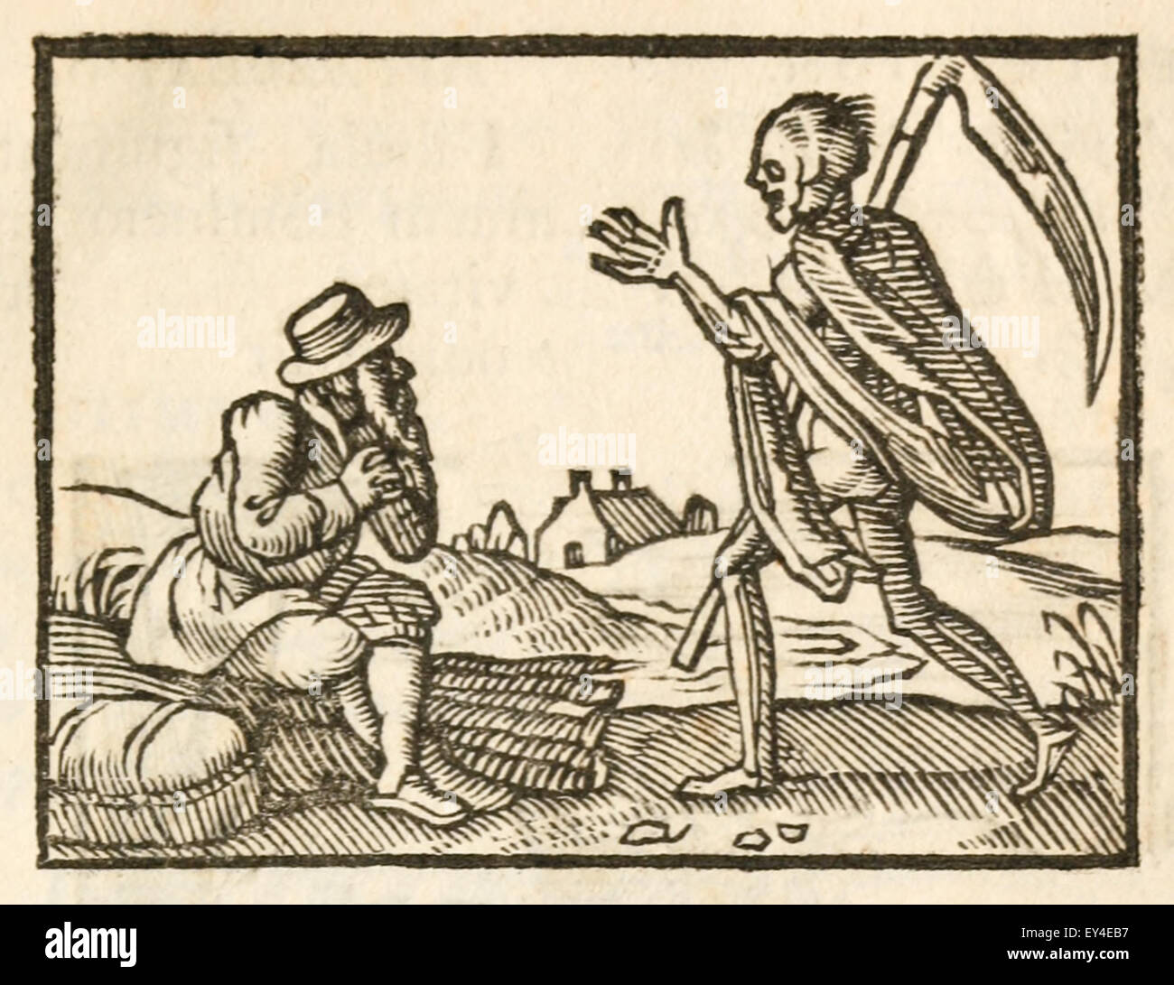 "L'uomo vecchio e morte" favola di Esopo (circa 600BC). Xvii secolo stampa xilografia illustrante Esopo favole. Un vecchio uomo che aveva viaggiato un ottimo modo sotto un enorme onere di bastoni si trovò così stanca che egli lo gettò giù e invita la morte per consegnare a lui da una più miserabile vita. La morte venne attualmente alla sua chiamata e gli ha chiesto il suo business. Pregate, buona Sir, si dice, di fare di me ma il favore di aiutarmi con il mio carico di nuovo." Vedi descrizione per maggiori informazioni. Foto Stock