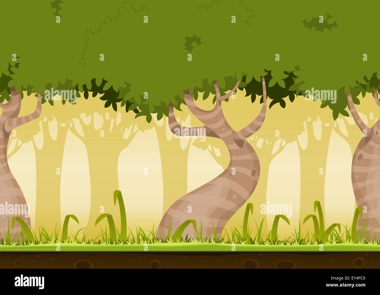 Illustrazione di un cartone animato senza saldatura orizzontale o primavera estate paesaggio forestale loop di sfondo, con divertenti strisce alberi strani Foto Stock