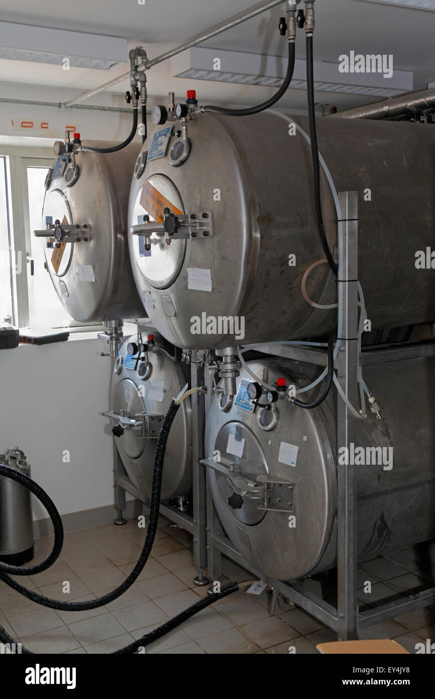 Vasche di fermentazione della birra a Halsnæs Bryghus, Hslsnaes Brew-house, una microbirrificio locale, Hundested Harbour, North Sealand, Danimarca Foto Stock