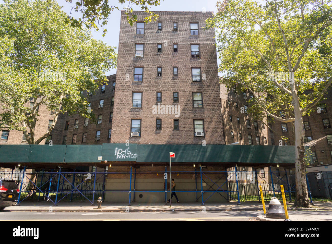 Il Queensbridge Nord case nel Queens a New York il giovedì, 16 luglio 2015. New York sarà fornire libero accesso a banda larga a cinque progetti di edilizia abitativa in città attraverso un programma pilota ConnectHome. Oltre al Queensbridge nord e sud progetti, Mott Haven e Red Hook Oriente e Occidente sarà parte del programma. Queensbridge è il più grande progetto di alloggiamento nel paese e il programma fornirà accesso a 16.000 residenti al di fuori dell'400.000 vivono in progetti NYCHA. (© Richard B. Levine) Foto Stock