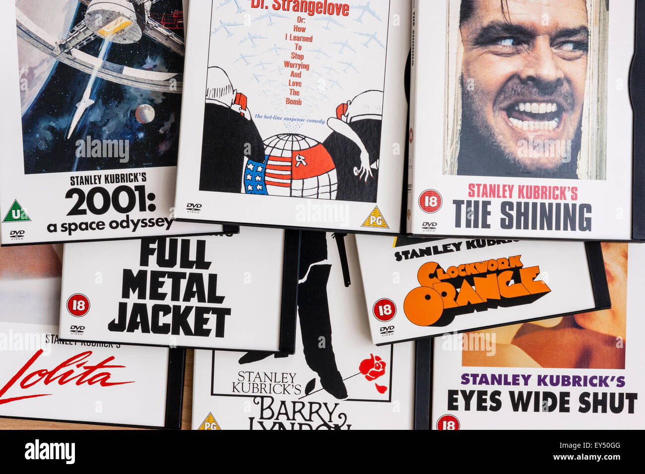 Visualizzazione di DVD dei film realizzati dal direttore, Stanley Kurbirck, 2001 compreso, lucente, Full Metal Jacket, occhi chiusi, Lolita e Stangelove dr. Foto Stock