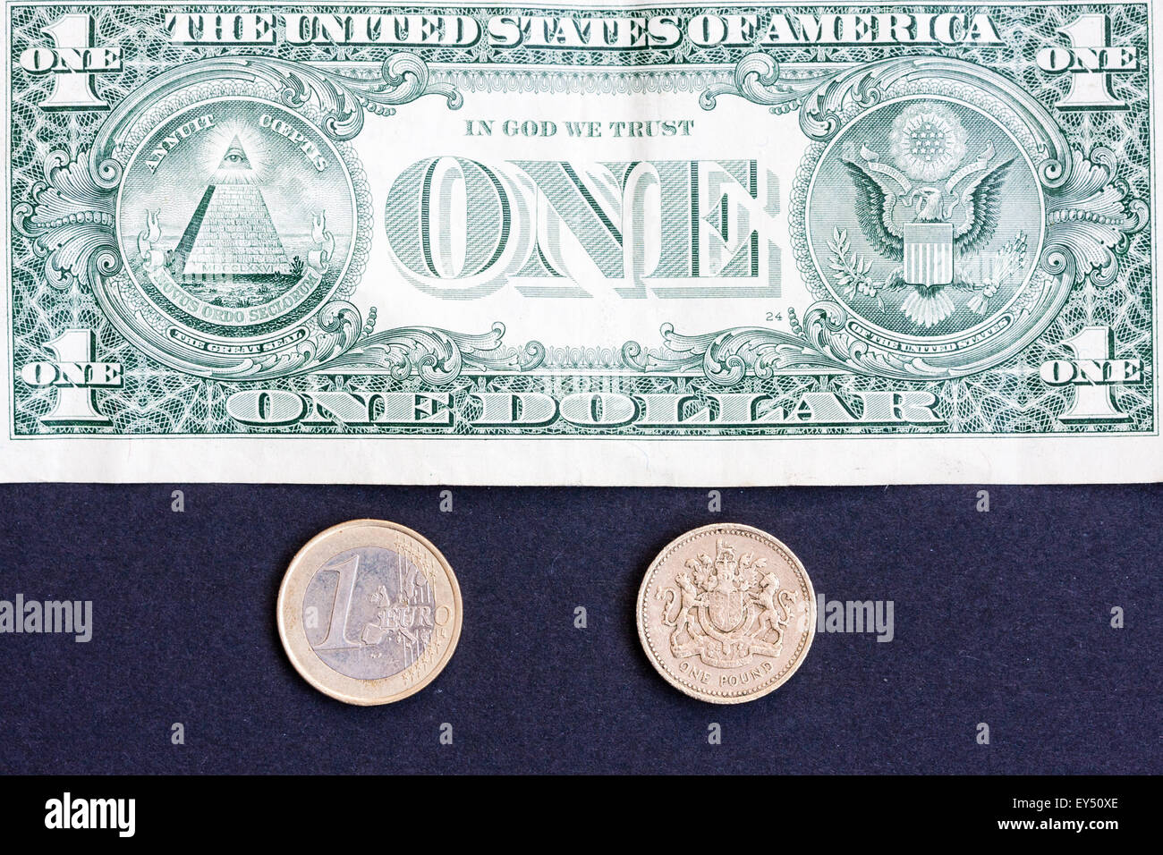 Un US Dollaro americano Bill, la banconota, con una sterlina inglese moneta e un Euro moneta su sfondo nero. I tassi di cambio. Foto Stock